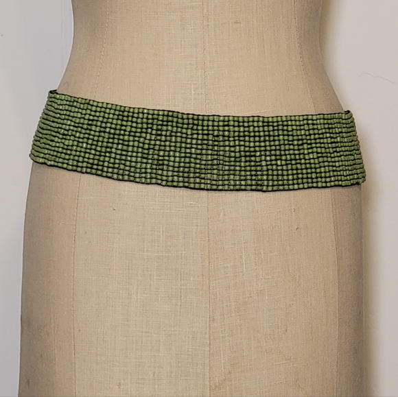 Green bead and wood hand made belt. Stretchy. 30 inches at smallest - Picture 3 of 3